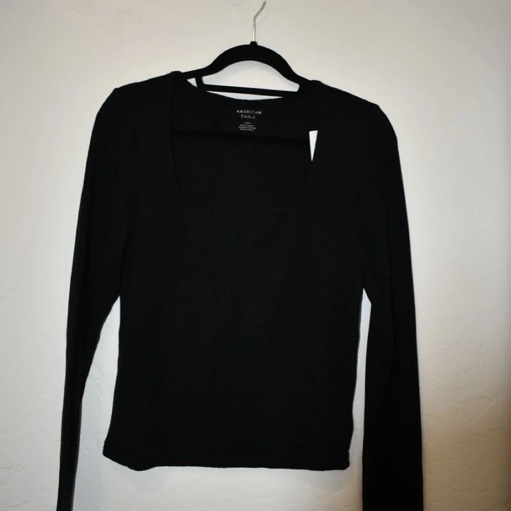 American Eagle Black Ribbed Long Sleeve Top Square Neck Fitted Basic NWT Size L - Picture 2 of 6